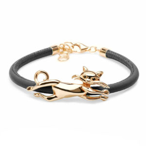 BRACCIALE GATTO – BRACCIALE ARGENTO 925 BAGNATO ORO GIALLO 18KT ECOPELLE NERA