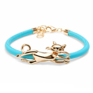 BRACCIALE GATTO – BRACCIALE ARGENTO 925 BAGNATO ORO GIALLO 18KT ECOPELLE TURCHESE