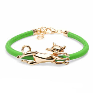BRACCIALE GATTO – BRACCIALE ARGENTO 925 BAGNATO ORO GIALLO 18KT ECOPELLE VERDE