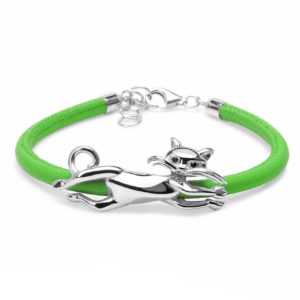BRACCIALE GATTO – BRACCIALE ARGENTO RODIATO ECOPELLE VERDE